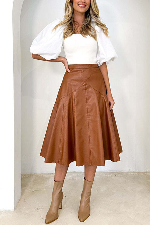 Trixiedress High Waist Faux Leather A-line Flare Midi Skirt