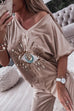 Trixiedress Sequin Pattern V Neck Short Sleeve Top with Pocketed Pants Casual Set