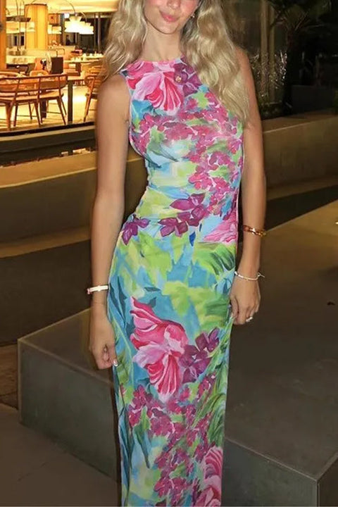 Trixiedress Sleeveless Back Cut Out Slit Tropical Floral Print Maxi Dress