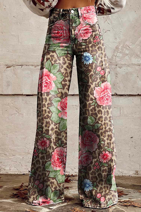 Trixiedress Leopard Floral Print Wide Leg Pocketed Pants