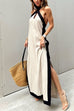 Trixiedress Halter Backless Side Split Color Block Cotton Linen Maxi Dress
