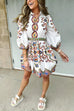 Trixiedress Lantern Sleeves Button Up Waisted Bohemia Print Mini Dress