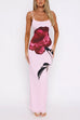 Trixiedress U Neck Spaghetti Strap Rose Print Maxi Bodycon Dress