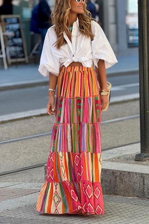 Trixiedress Elastic Waist Ruffle Tiered Color Block Printed Maxi Skirt