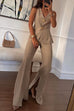 Trixiedress V Neck Button Up Vest Top and Slit Wide Leg Pants Linen Suit Set