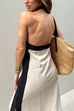 Trixiedress Halter Backless Side Split Color Block Cotton Linen Maxi Dress