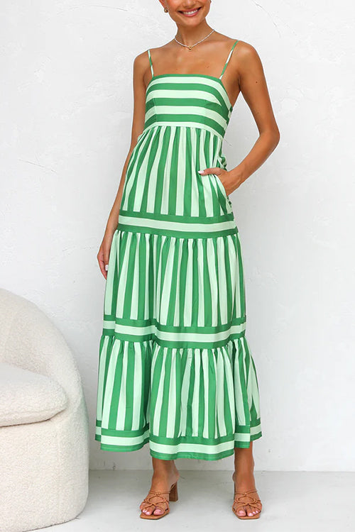 Trixiedress Spaghetti Strap Tiered Color Block Striped Maxi Dress