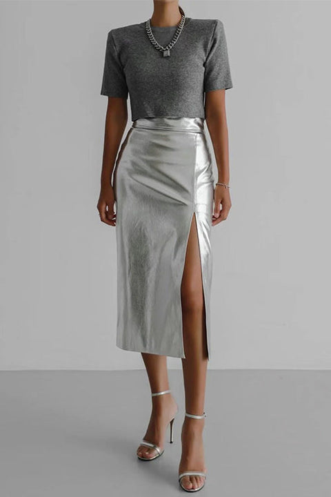 Trixiedress High Waist Slit Front Faux Leather Midi Skirt