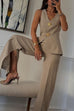 Trixiedress V Neck Button Up Vest Top and Slit Wide Leg Pants Linen Suit Set