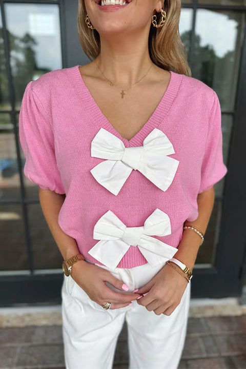 Trixiedress V Neck Short Sleeves Bow Knot Knit Top