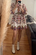 Trixiedress Lantern Sleeves Button Up Waisted Bohemia Print Mini Dress