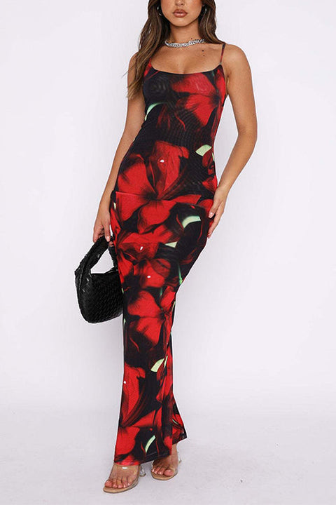 Trixiedress U Neck Hibiscus Print Bodycon Maxi Cami Dress