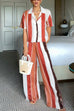 Trixiedress Striped Short Sleeves Button Down Shirt Wide Leg Pants Set