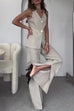 Trixiedress V Neck Button Up Vest Top and Slit Wide Leg Pants Linen Suit Set