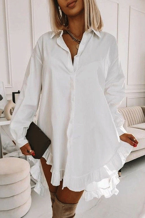 Trixiedress Button Down Long Sleeves Curve Hem Ruffle Shirt