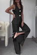 Trixiedress V Neck Button Up Vest Top and Slit Wide Leg Pants Linen Suit Set