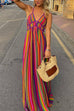 Trixiedress V Neck Backless Rainbow Stripes Cami Maxi Holiday Dress