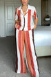 Trixiedress Striped Short Sleeves Button Down Shirt Wide Leg Pants Set