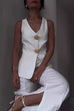 Trixiedress V Neck Button Up Vest Top and Slit Wide Leg Pants Linen Suit Set