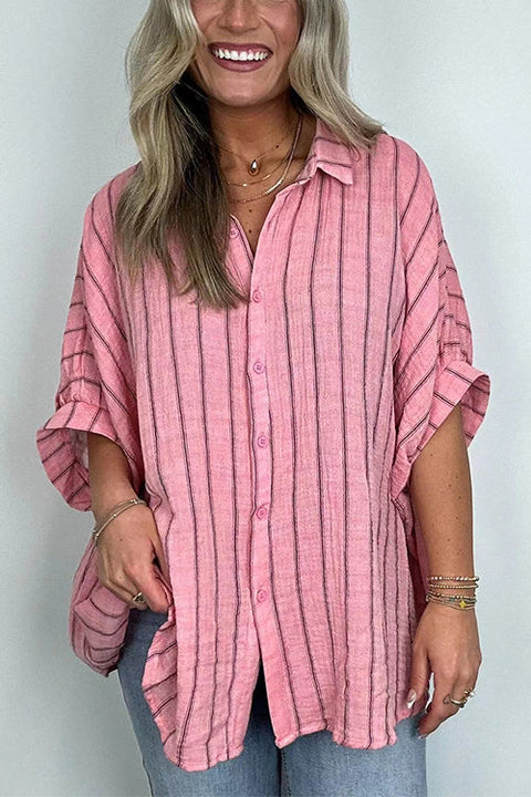 Trixiedress Oversized Button Down Batwing Sleeves Striped Shirt