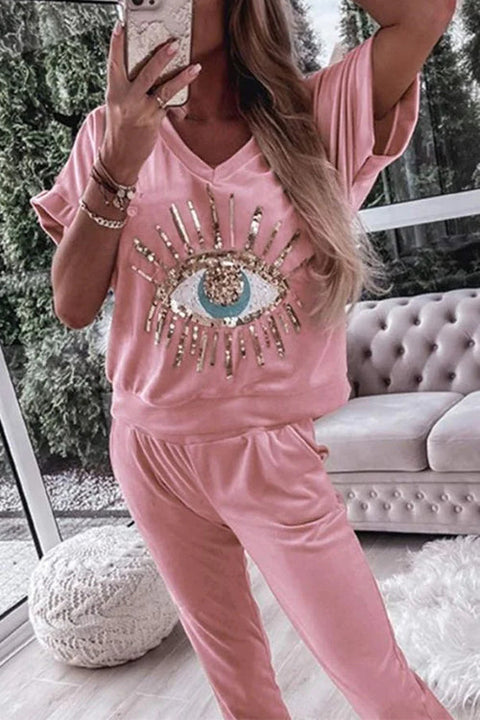 Trixiedress Sequin Pattern V Neck Short Sleeve Top with Pocketed Pants Casual Set