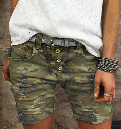 Trixiedress Elastic Waist Buttons Skinny Camo Shorts