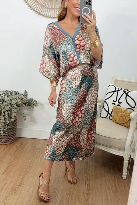 Trixiedress 3/4 Sleeves Button Up Top and High Waist Maxi Skirt Printed Set