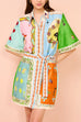 Trixiedress Short Sleeves Tie Waist Color Block Printed Mini Shirt Dress