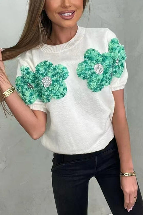 Trixiedress Crewneck Short Sleeves 3D Flower Sweater Top