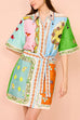 Trixiedress Short Sleeves Tie Waist Color Block Printed Mini Shirt Dress