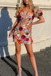 Trixiedress V Neck Puff Sleeves Embroidered Floral Mini Dress