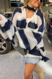 Trixiedress Lantern Sleeves Button Down Color Block Stripes Sweater with Scarf