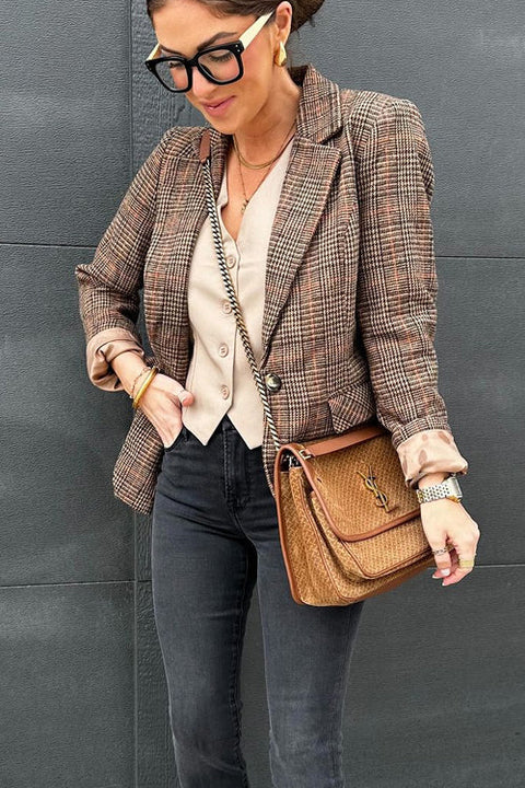 Trixiedress Lapel Single Button Classic Plaid Blazer