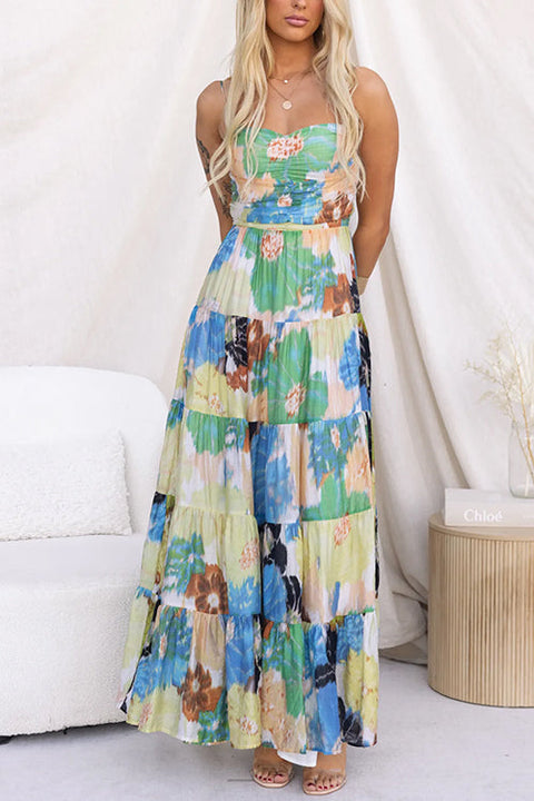 Backless Ruffle Tiered Printed Swing Maxi Cami Dress