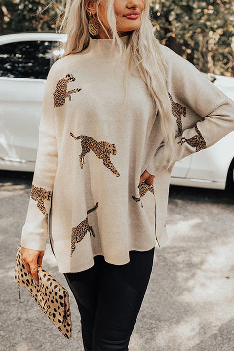 Trixiedress High Neck Side Slit Cheetah Pattern Sweater