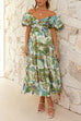 Trixiedress Twist Front Puff Sleeves Ruffle Tiered Printed Maxi Dress