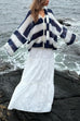 Trixiedress Lantern Sleeves Button Down Color Block Stripes Sweater with Scarf