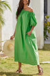 Trixiedress Off Shoulder Puff Sleeves Pocketed Baggy Midi Dress