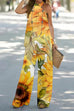 Trixiedress Criss Cross Halter Sleeveless Top Wide Leg Pants Printed Vacation Set