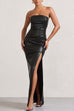 Trixiedress Strapless High Slit Faux Leather Bodycon Maxi Dress