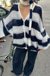 Trixiedress Lantern Sleeves Button Down Color Block Stripes Sweater with Scarf