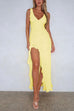 Trixiedress V Neck Sleeveless Ruffle Trim Slit Maxi Dress