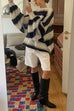 Trixiedress Lantern Sleeves Button Down Color Block Stripes Sweater with Scarf