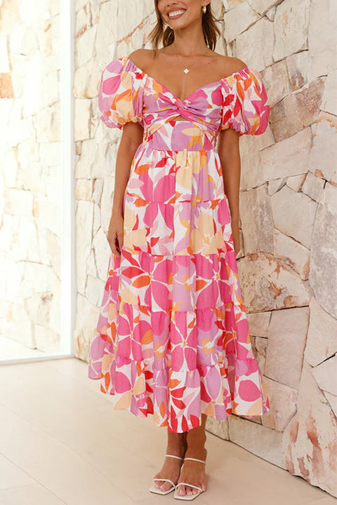 Trixiedress Twist Knot Cut Out Puffle Sleeves Printed Ruffle Maxi Dress