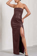 Trixiedress Strapless High Slit Faux Leather Bodycon Maxi Dress