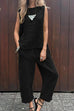 Trixiedress Casual Sleeveless Pullover Top Wide Leg Pants Cotton Linen Set