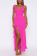 Trixiedress V Neck Sleeveless Ruffle Trim Slit Maxi Dress