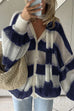 Trixiedress Lantern Sleeves Button Down Color Block Stripes Sweater with Scarf