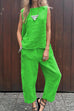 Trixiedress Casual Sleeveless Pullover Top Wide Leg Pants Cotton Linen Set