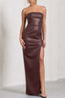 Trixiedress Strapless High Slit Faux Leather Bodycon Maxi Dress